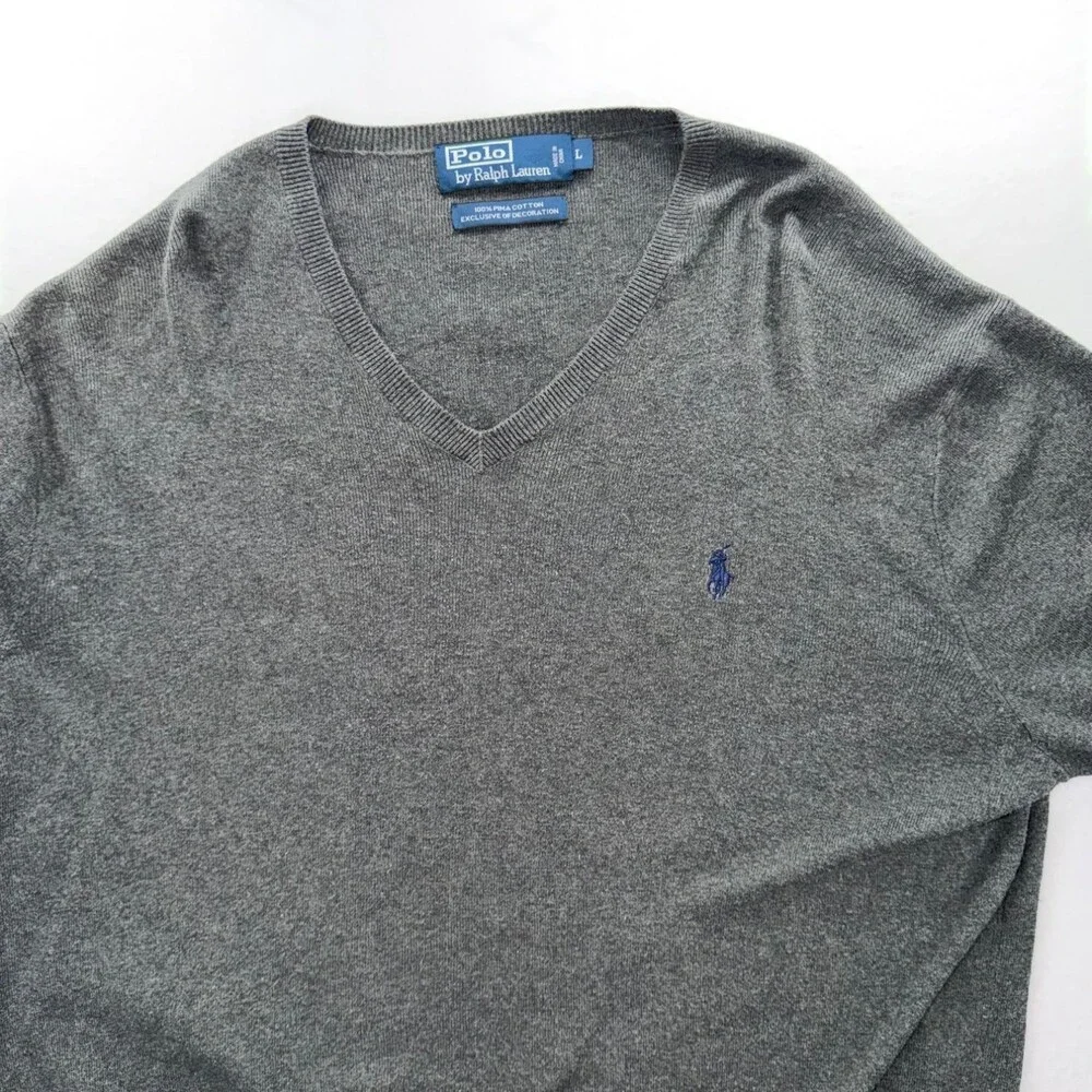 Polo Ralph Lauren Mens L Gray V Neck Sweater Knit Mem Pima Cotton Pullover vtg